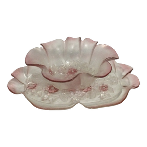 1970s Walther Glass Mikasa Pink Rosella Crystal Serving Tray and Bowl