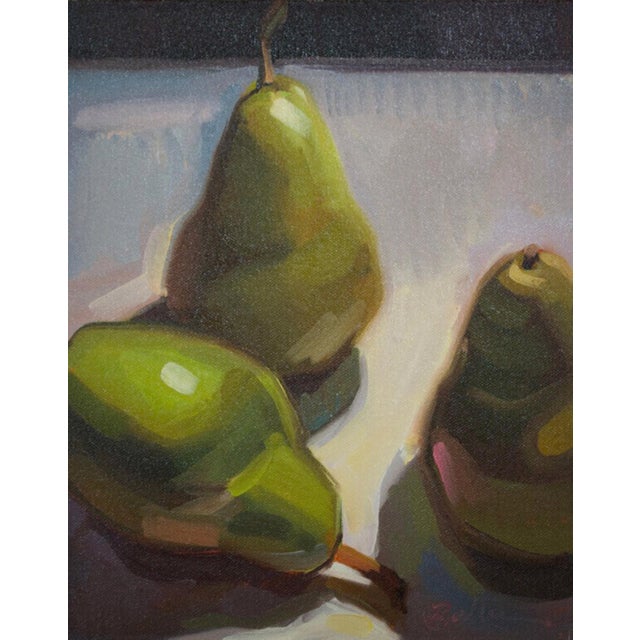 Talking Pears by Samantha Buller | Oil on canvas panel Still life of three green pears. For Sale