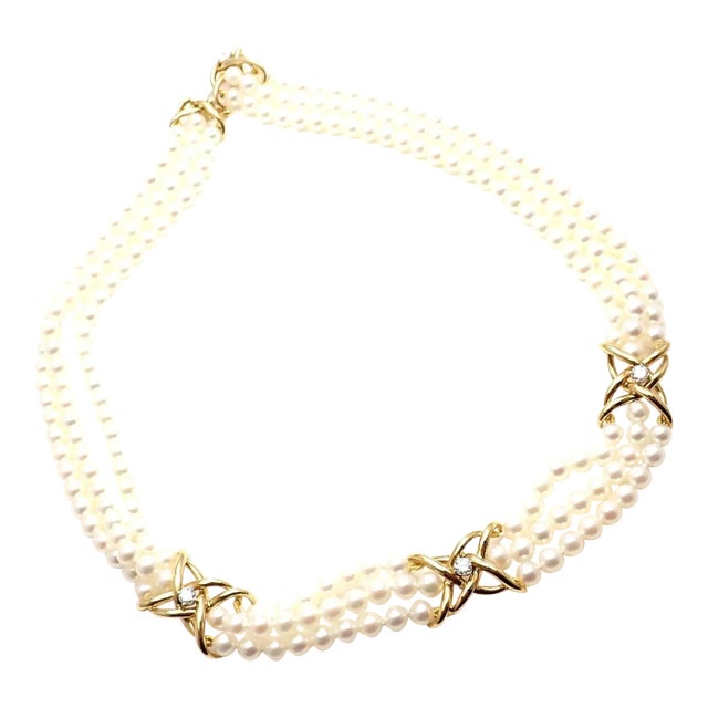 Tiffany & Co. 18k Yellow Gold Diamond 3 Strand Pearl Necklace For Sale