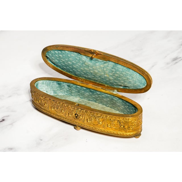 Gold Classy Small Antique French Jewelry Casket Box Gilt Metal Pastoral Relief Trinket Box Made in France Victorian Home Decor For Sale - Image 8 of 14