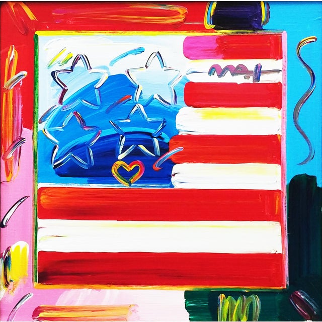 Original acrylic painting on canvas. Hand signed upper front by Peter Max. Canvas size: 16 x 16 inches. Custom framed as...