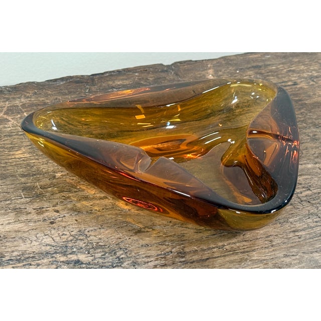 Mid-Century Modern Vintage Amber Art Glass Triangular Bowl Mid Century Modern Catchall For Sale - Image 3 of 5