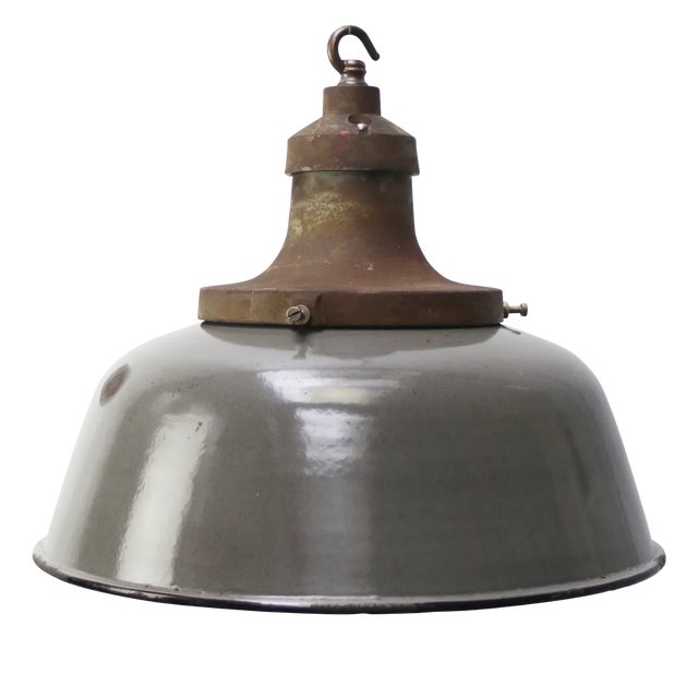 Grey Brown Enamel Garage Workshop Light with Cast Iron Top and White Interior, Dutch, 1920s For Sale