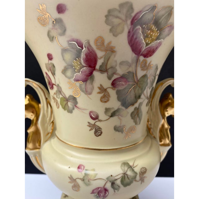 Royal Worcester Vintage Victorian Style Floral and Gilt Griffin Handled Porcelain Urn For Sale - Image 4 of 13