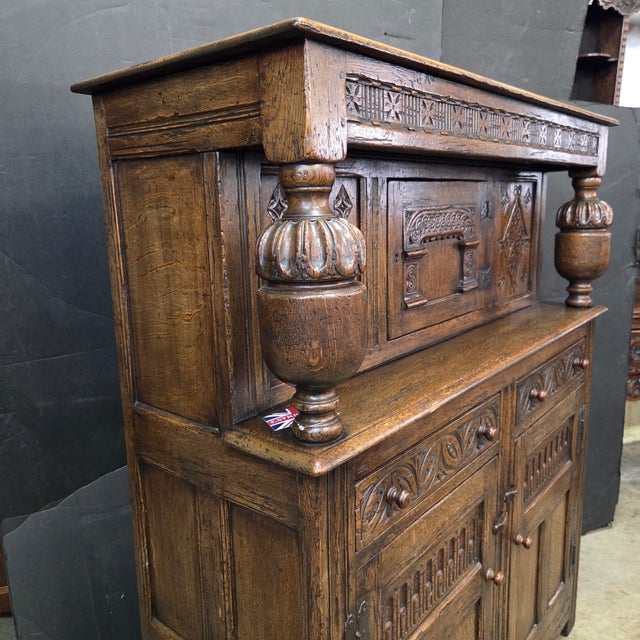 19th Century English Oak Carved Panel Jacobean 3 Door & 2 Drawer Court Cupboard With Bulbous Supports For Sale - Image 11 of 18