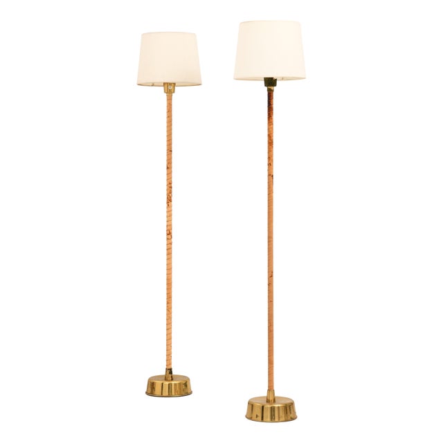 Floor Lamps in Leather, Brass and Lamp Shades attributed to Lisa Johansson-Pape, 1950s, Set of 2 For Sale