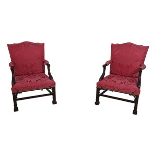 Pair Baker Damask Upholstered Mahogany Library Chairs For Sale