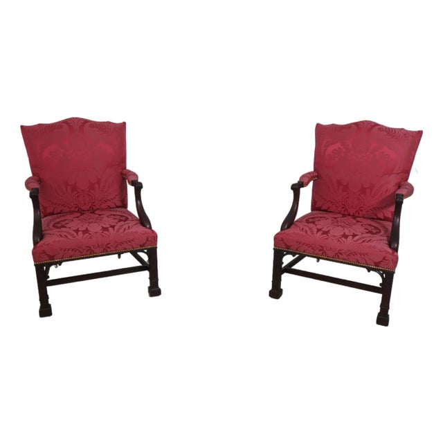 Pair Baker Damask Upholstered Mahogany Library Chairs For Sale