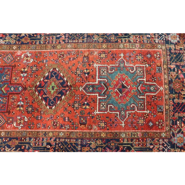 Antique Hand Knotted Geometric Persian Long Heriz Runner in Red, Blue and Teal 3'4 X 14'4 For Sale In Atlanta - Image 6 of 14