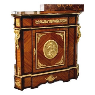 Grand French Louis XVI Style Cabinet – Rich Wood Finish With Gold Leaf & Ornate Bronze Details For Sale