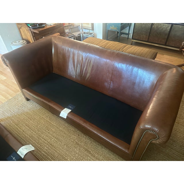 VIntage Pair of Ralph Lauren Home Brompton Leather Sofas-Cognac Leather, Nailhead Trim & Custom Upholstery For Sale - Image 12 of 17