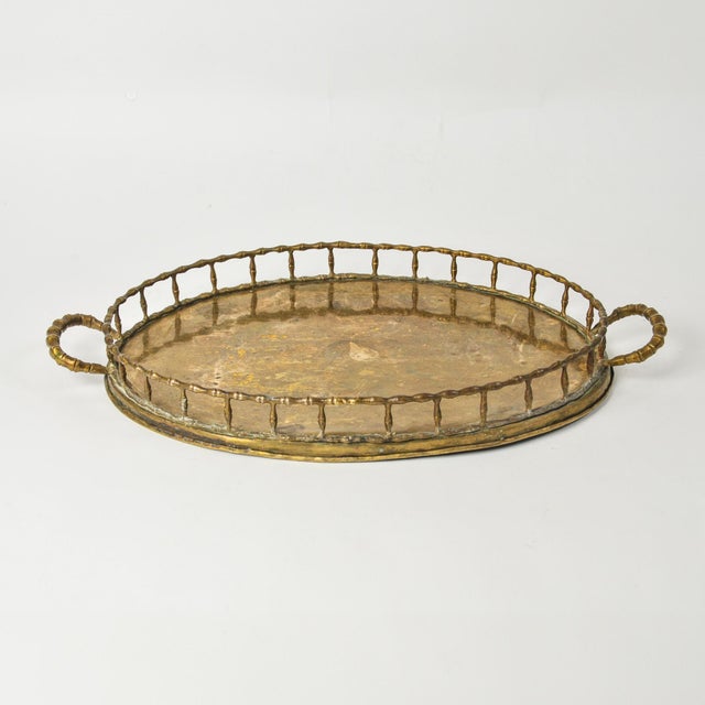 Mid 20th Century Large Vintage Brass Oval Bamboo Tray With Handles Decorative Serving Tray For Sale - Image 5 of 11