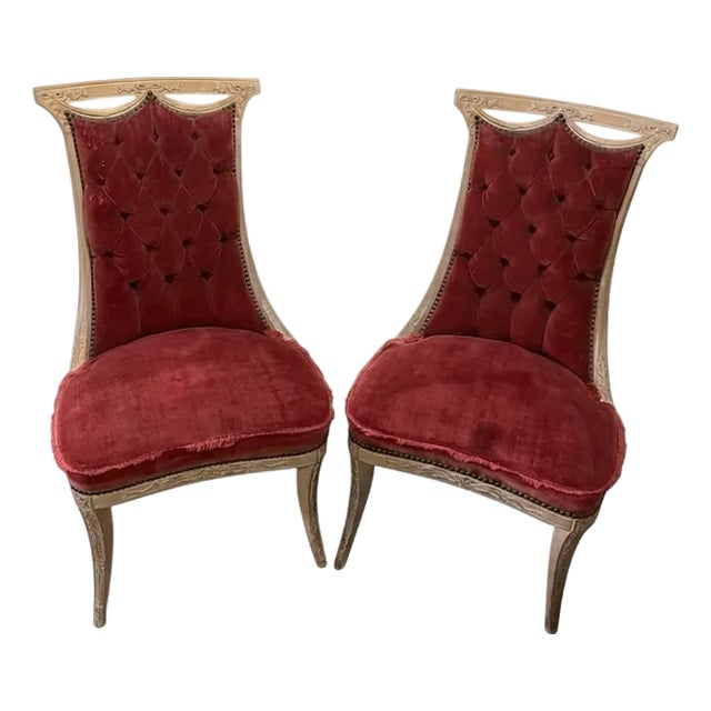 Pair of Vintage French Regency Revival Slipper Chairs, Double-Pierced Crest, Horsehair Fill, C. 1920-1940 For Sale