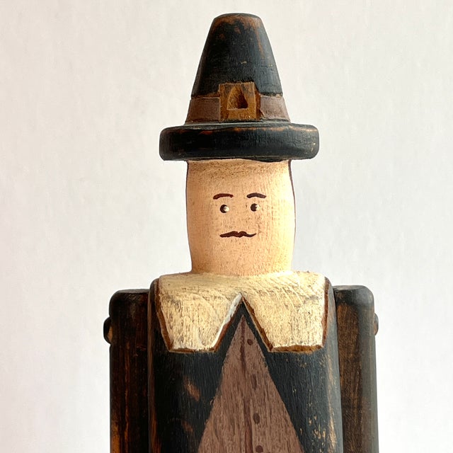 Wolf Creek Folk Art Signed Pilgrim Man Karen Rankin 1989 Wood Carved Painted Figurine For Sale - Image 12 of 13