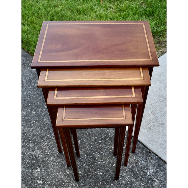 Inlaid Mahogany Nesting Tables Vintage Set of 4 Stacking Tables For Sale - Image 12 of 18