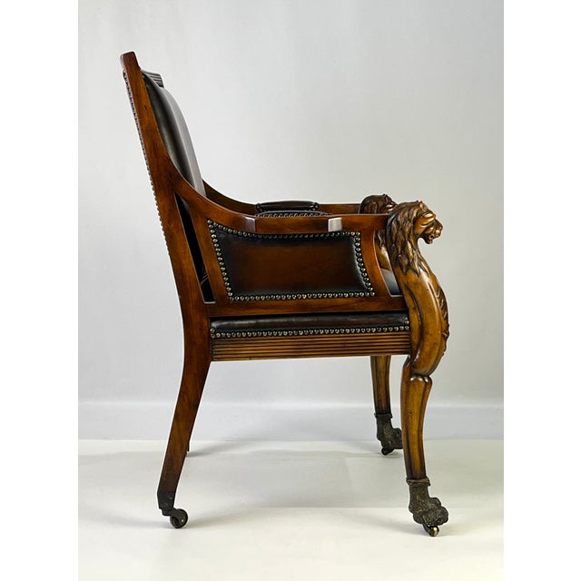 Pair of Theodore Alexander Regency Style Carved Lion & Hairy Paw Caster Armchairs in Brown Leather For Sale - Image 11 of 17