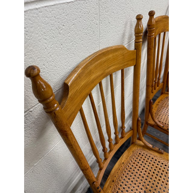 Brown Vintage Spindle Back Caned Seat Solid Oak Dining Chairs For Sale - Image 8 of 12