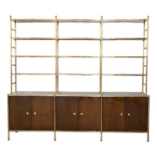 Billy Baldwin Brass and Lacquered Mahogany Three Part Etagere and Cabinet For Sale