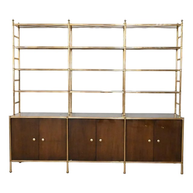Billy Baldwin Brass and Lacquered Mahogany Three Part Etagere and Cabinet For Sale