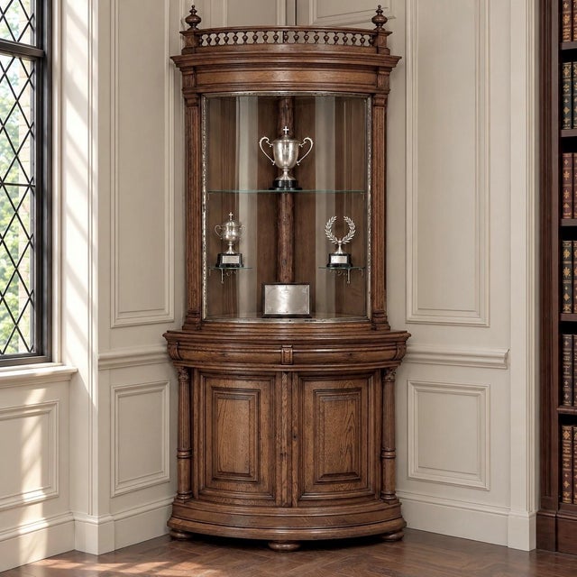 A 19th century French Henri II neoclassical corner vitrine, crafted in oak with a fully rounded facade that forms a...