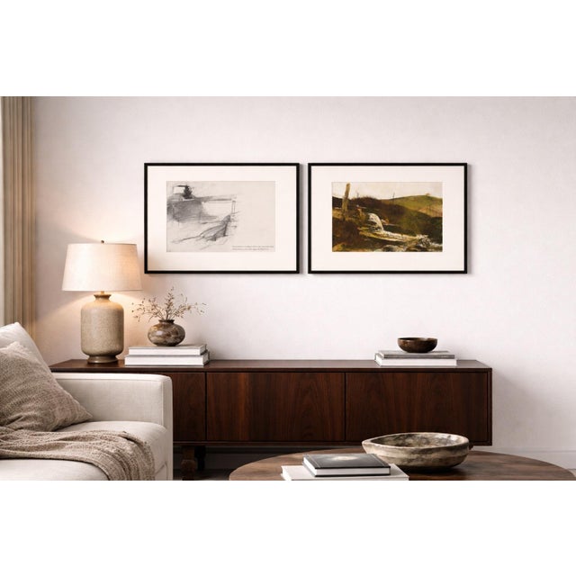 A curated pair of vintage Wyeth study plates, presented in oversized 20” x 30” black gallery frames with architectural...