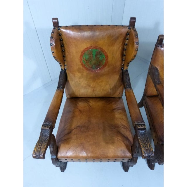 Set of Antique Leather Armchairs with Carps Print, 1890s For Sale - Image 15 of 18