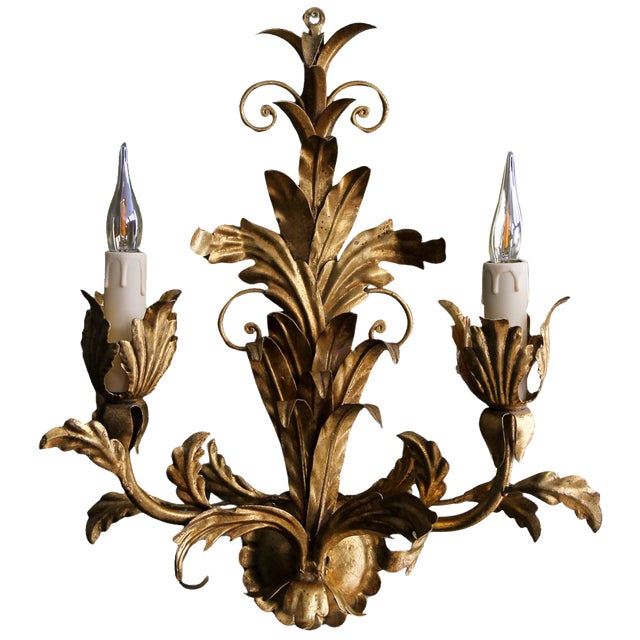 Hollywood Regency Gilt Metal Two-Light Sconce, 1970s For Sale