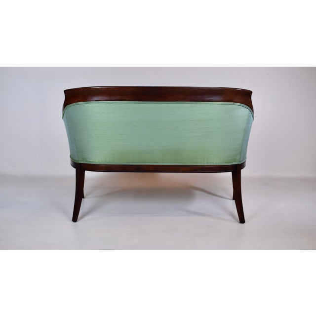 French Empire Style Curved Walnut Settee With Dolphin Arms, New Green Silk For Sale - Image 11 of 13
