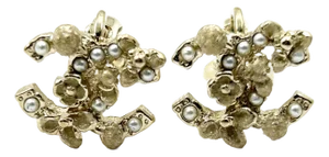 Chanel Gold CC Mini Pearl Mini Flowers Clip on Earrings, A Pair