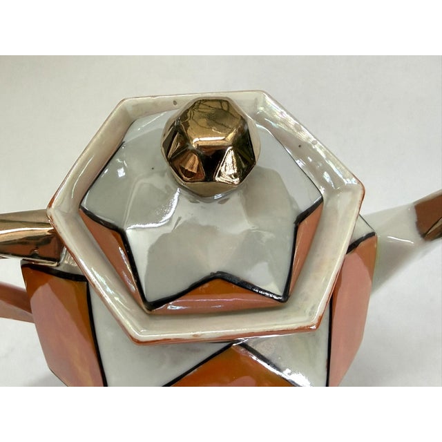 1920s Art Deco Teapot With Geometric Orange and White Pattern and Gold Luster Accents For Sale - Image 12 of 16