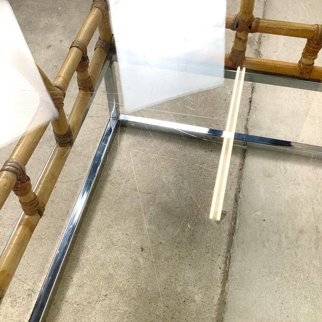 1970s Hollywood Regency Bamboo and Chrome Square Glass Coffee Table For Sale - Image 13 of 18