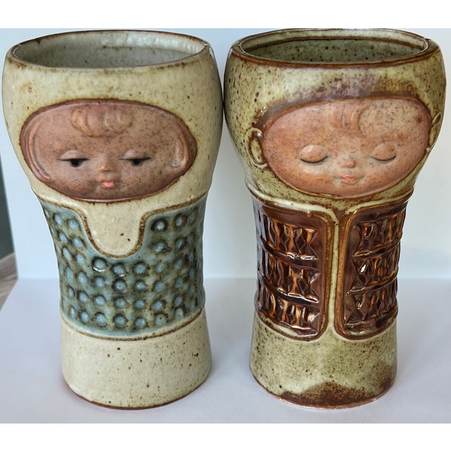 Vintage Handmade Ceramic Face Goblets - Set of 2 For Sale - Image 10 of 10