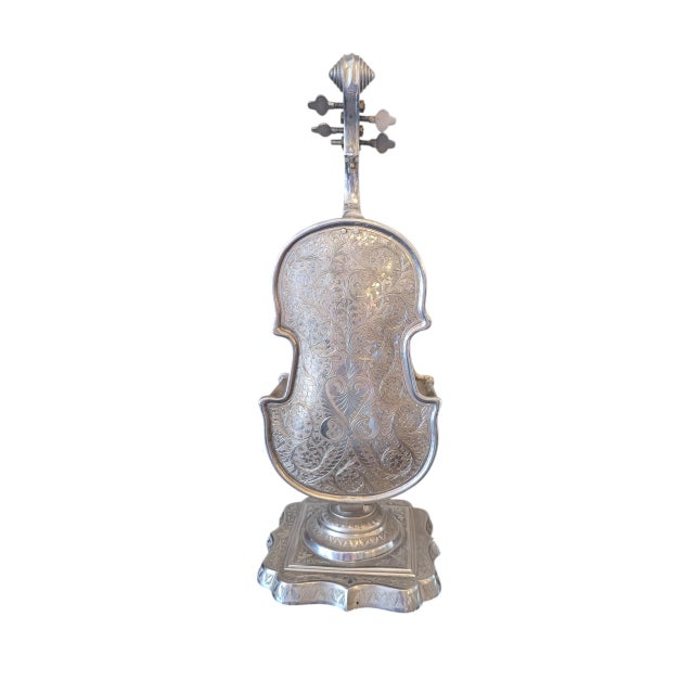 American Antique Silverplate Violin With Music Box and Secret Drawer For Sale - Image 3 of 11