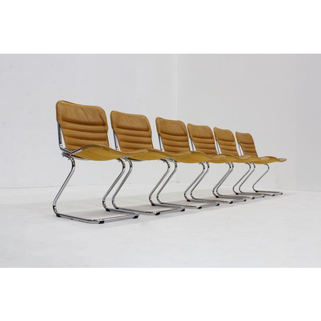 Vintage Chrome and Leather Dining Room Chairs, 1970s, Set of 6 For Sale - Image 3 of 9