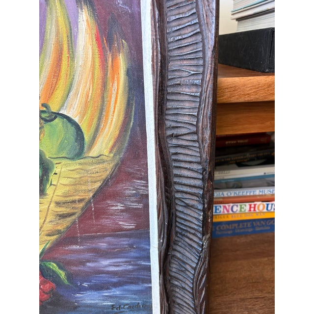 Vintage Original & Signed Tropical Fruit Still Life Oil Painting in Hand Carved Wood Frame For Sale - Image 9 of 14