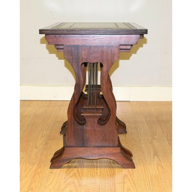 Wood Mahogany Nesting Tables with Green Leather Tops & Harp Shaped Support Sides, Set of 3 For Sale - Image 7 of 13