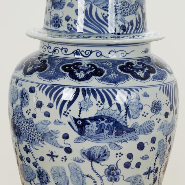 Large Pair of Chinese Blue and White Porcelain Lidded Urns For Sale - Image 10 of 13