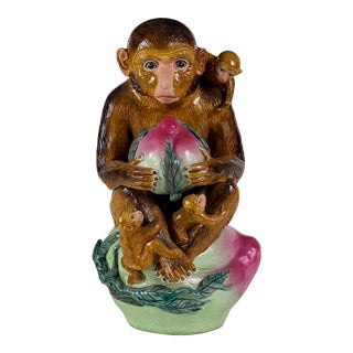 Mid 20th Century Vintage Chinese Ceramic Monkey Holding a Lotus Flower With Three Baby Monkeys For Sale