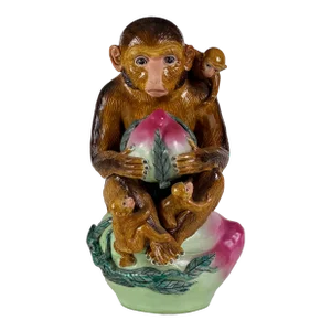Mid 20th Century Vintage Chinese Ceramic Monkey Holding a Lotus Flower With Three Baby Monkeys
