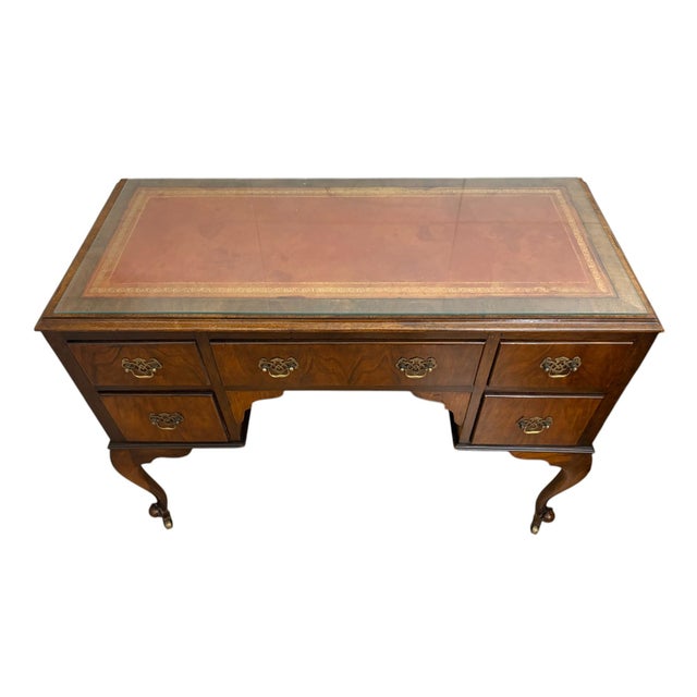 Antique Writing Desk with Leather Inlay and Cabriole Legs on Castor Wheels For Sale - Image 4 of 4