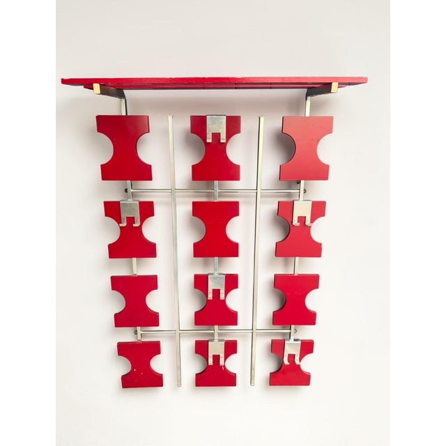 Vintage Space Age Wall Coat Rack in Red with Hat Shelf, 1960s, in Good conditions. Designed 1960 to 1969