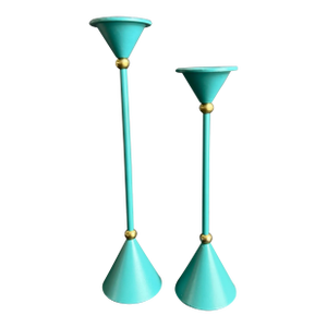 Vintage Post Modern Candle Stick Holders 80s 90s Turquoise Memphis Style a Pair