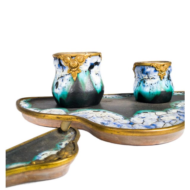 Art Nouveau Desk Set in Ceramic and Gilt Bronze, France, 1900s, Set of 4 For Sale - Image 5 of 12