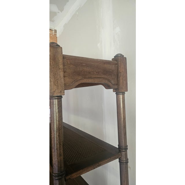 Mid-Century British Colonial Faux Bambo, Walnut and Woven Reed Estage or Bookcase For Sale - Image 11 of 11