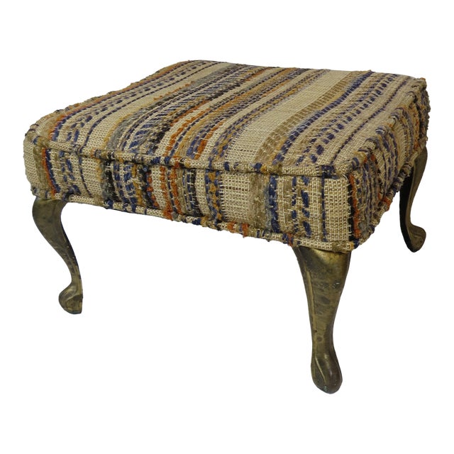 Vintage Textured Striped Footstool Brass Colored Metal Legs 1970's For Sale