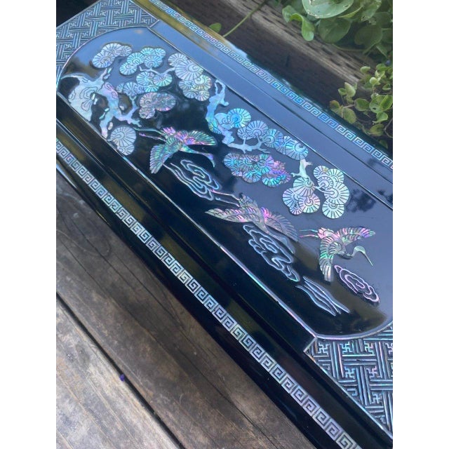 Wood Large Vintage Korean Black Lacquer Mother-of-Pearl Scholar’s Box With Brass Dish Insert For Sale - Image 7 of 16