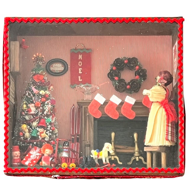 American Vintage Handmade Christmas Diorama Shadow Box With Miniature Holiday Stocking by the Fire Scene. For Sale - Image 3 of 13