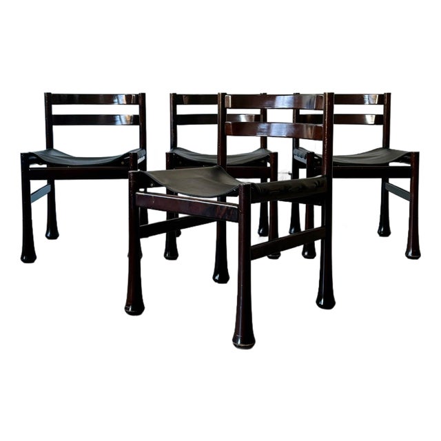 1970s Set of 4 Attributed to Luciano Frigerio Euro Jacaranda Dining Chairs in Black Leather For Sale