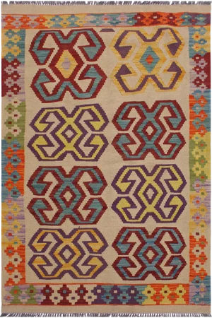 Navajo Style Kilim Beige/Red Hand-Woven Wool Rug- 3'5 X 4'10