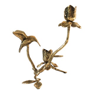 Vintage Brass Floral and Hummingbird Candle Holder For Sale